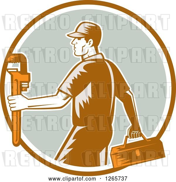 Vector Clip Art of Retro Woodcut Male Plumber Carrying a Monkey Wrench and Tool Box in a Brown White and Green Circle