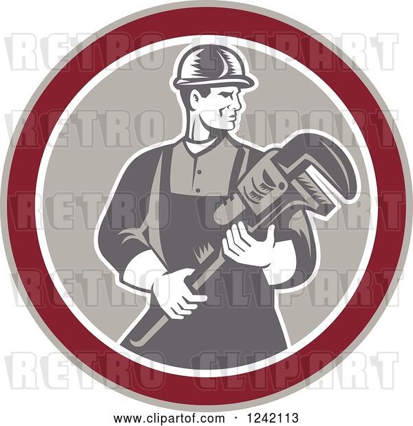 Vector Clip Art of Retro Woodcut Male Plumber Holding a Monkey Wrench in a Circle