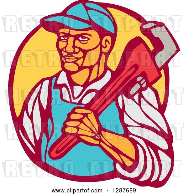 Vector Clip Art of Retro Woodcut Male Plumber Holding a Monkey Wrench in a Circle