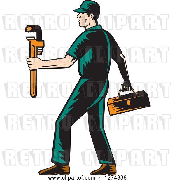 Vector Clip Art of Retro Woodcut Male Plumber Walking with a Tool Box and Monkey Wrench