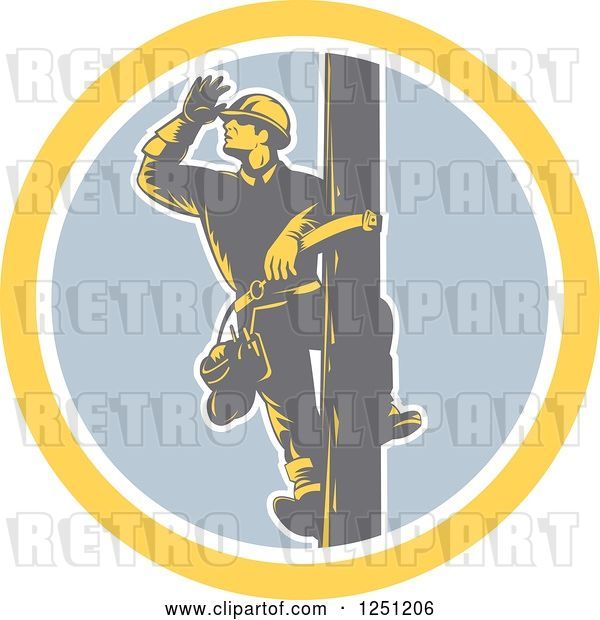 Vector Clip Art of Retro Woodcut Male Power Lineman Looking out on a Pole in a Circle