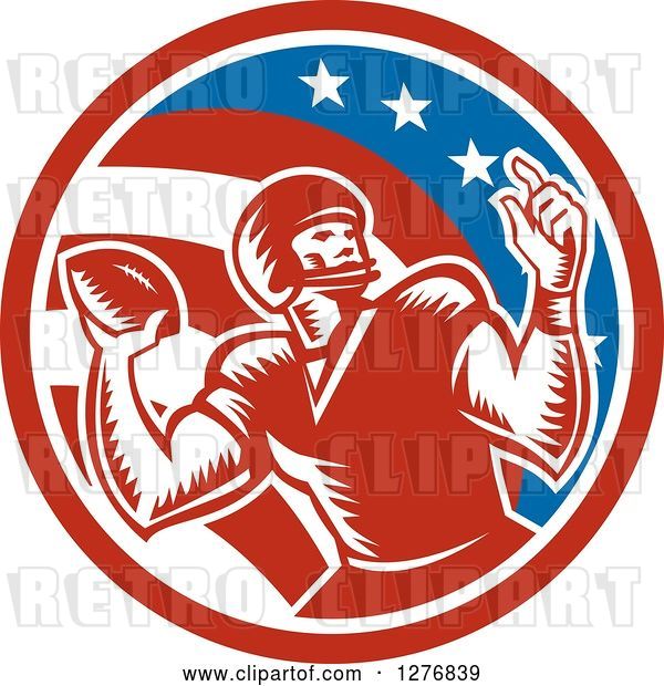 Vector Clip Art of Retro Woodcut Male Quarterback Player Throwing in an American Circle