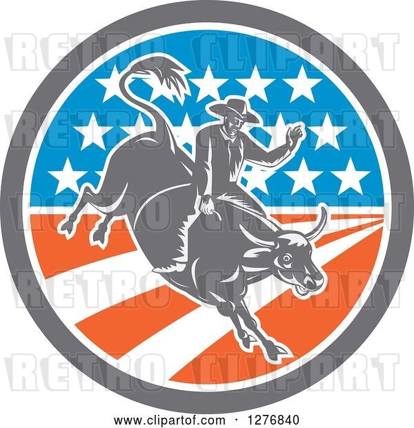 Vector Clip Art of Retro Woodcut Male Rodeo Cowboy on a Bucking Bull in an American Flag Circle