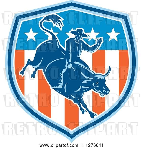 Vector Clip Art of Retro Woodcut Male Rodeo Cowboy on a Bucking Bull in an American Flag Shield