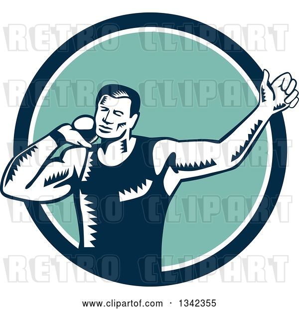Vector Clip Art of Retro Woodcut Male Shot Put Athlete Throwing in a Blue White and Turquoise Circle
