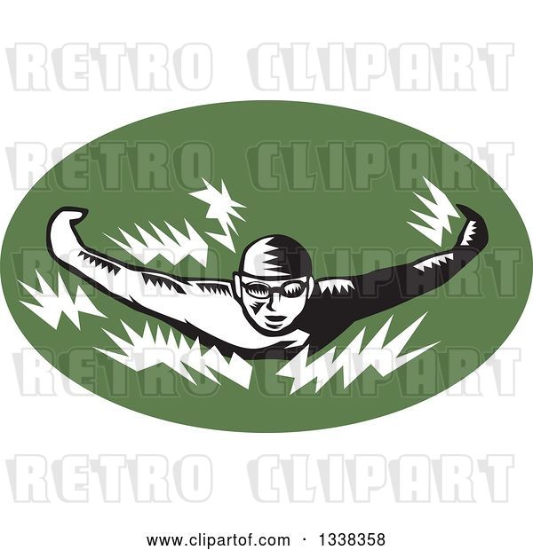 Vector Clip Art of Retro Woodcut Male Swimmer Doing the Butterfly Stroke in a Green Oval
