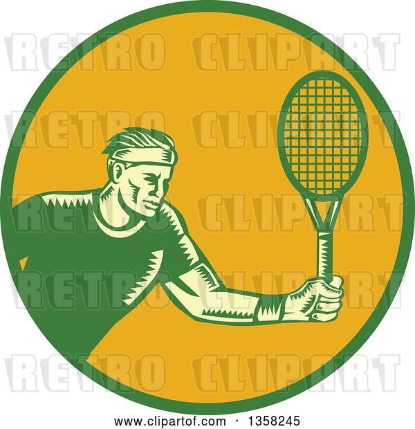 Vector Clip Art of Retro Woodcut Male Tennis Player Athlete Holding a Racket in a Green and Orange Circle