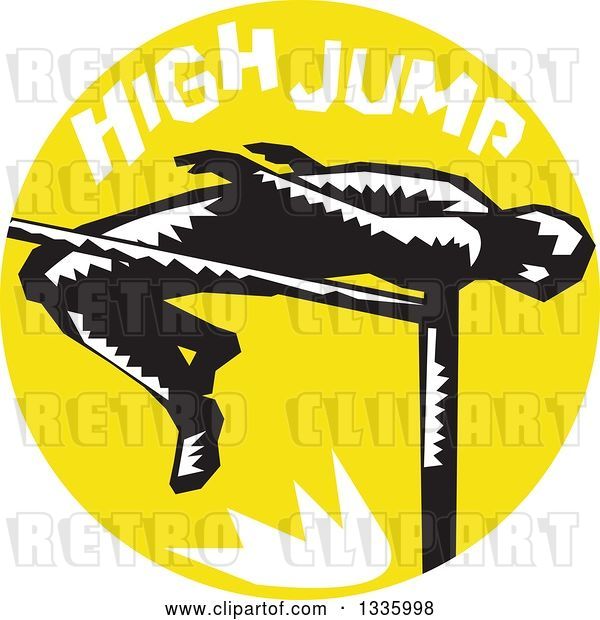 Vector Clip Art of Retro Woodcut Male Track and Field Athlete High Jumping, with Text in a Yellow Circle