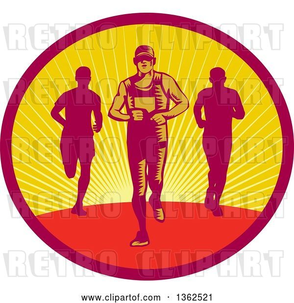 Vector Clip Art of Retro Woodcut Male Triathlete or Marathon Runners in a Sunset Oval