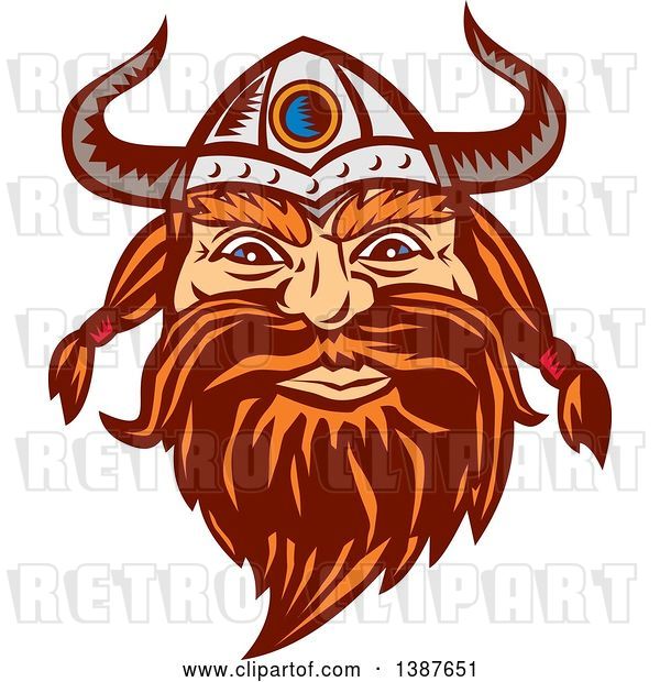 Vector Clip Art of Retro Woodcut Male Viking Norseman Warrior Face with a Long Beard and Horned Helmet