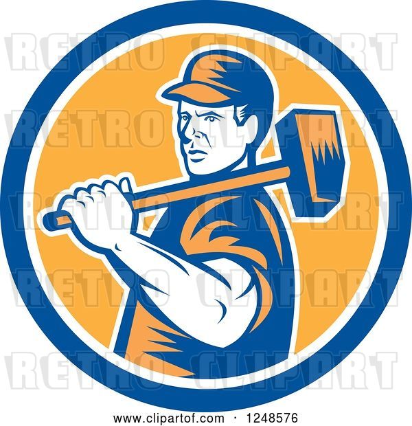 Vector Clip Art of Retro Woodcut Male Worker Carrying a Sledgehammer in a Circle