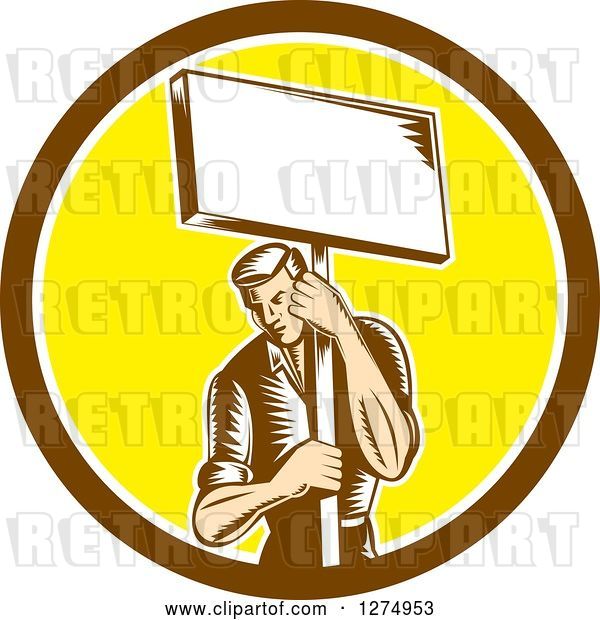 Vector Clip Art of Retro Woodcut Male Worker Holding a Placard Sign Post in a Brown White and Yellow Circle