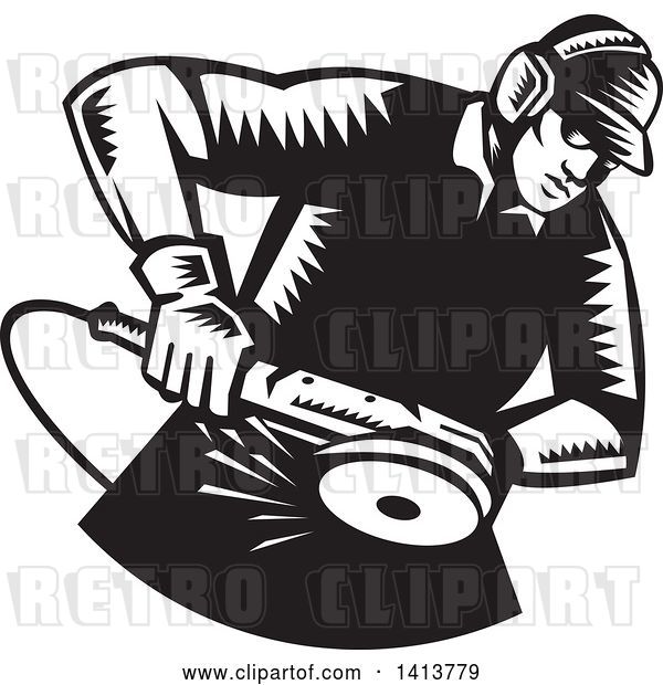 Vector Clip Art of Retro Woodcut Male Worker Using an Angle Grinder