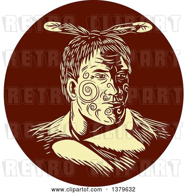 Vector Clip Art of Retro Woodcut Maori Chief Warrior with Face Tattoos in a Brown Circle
