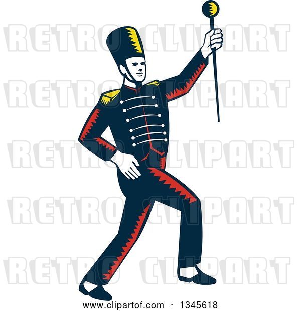 Vector Clip Art of Retro Woodcut Marching Band Drum Major Holding up a Baton