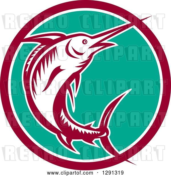 Vector Clip Art of Retro Woodcut Marlin Fish Emerging from a Maroon White and Turquoise Circle