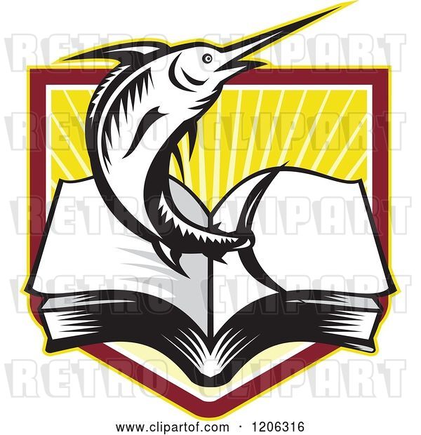 Vector Clip Art of Retro Woodcut Marlin Fish Leaping from an Open Book over a Ray Crest Shield