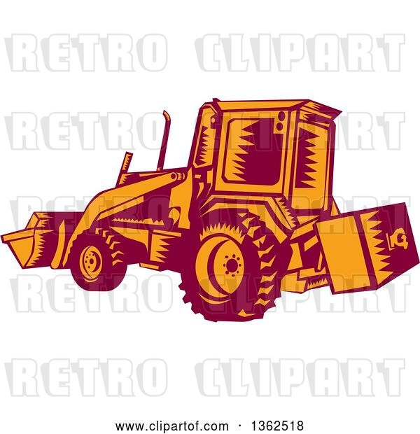 Vector Clip Art of Retro Woodcut Maroon and Orange Excavator Machine
