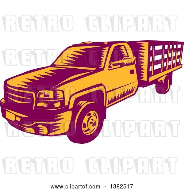 Vector Clip Art of Retro Woodcut Maroon and Orange Pickup Truck
