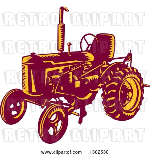 Vector Clip Art of Retro Woodcut Maroon and Yellow Farming Tractor