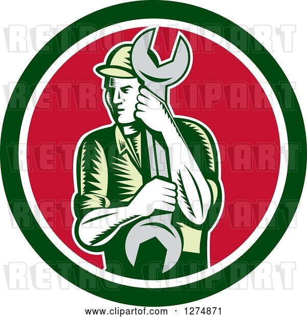 Vector Clip Art of Retro Woodcut Mechanic Guy Holding a Giant Spanner Wrench in a Green White and Red Circle