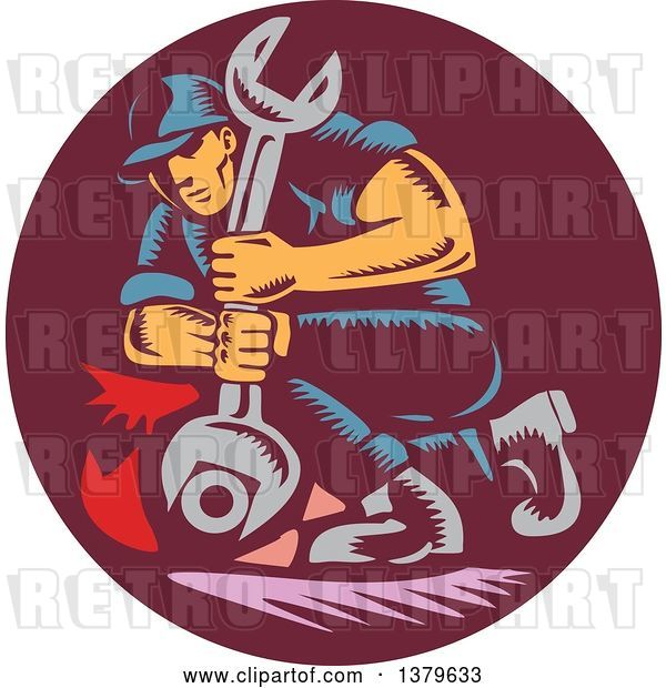 Vector Clip Art of Retro Woodcut Mechanic Unscrewing a Bolt with a Giant Wrench
