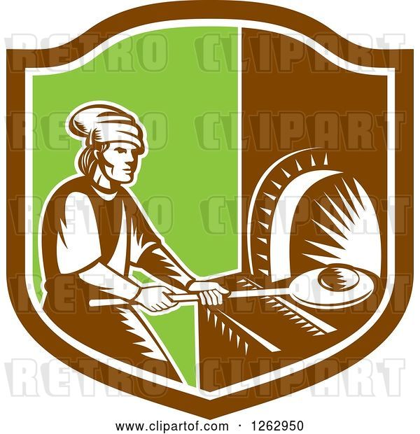 Vector Clip Art of Retro Woodcut Medieval Baker Putting Bread in a Stone Oven in a Brown White and Green Shield