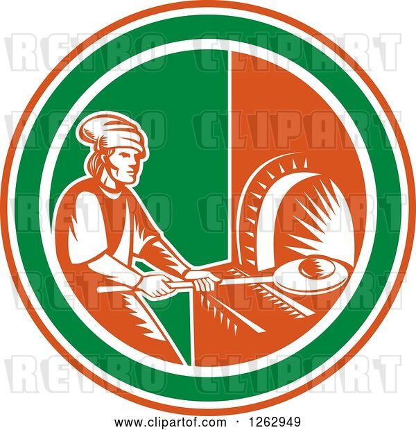 Vector Clip Art of Retro Woodcut Medieval Baker Putting Bread in a Stone Oven in a Red White and Green Circle