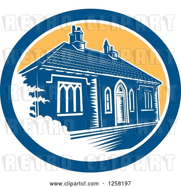 Vector Clip Art of Retro Woodcut Medieval House in Bath England in a Blue White and Yellow Oval