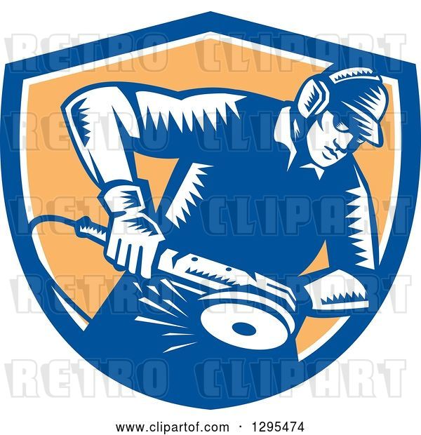 Vector Clip Art of Retro Woodcut Metal Worker Using a Grinder in a Blue White and Orange Shield