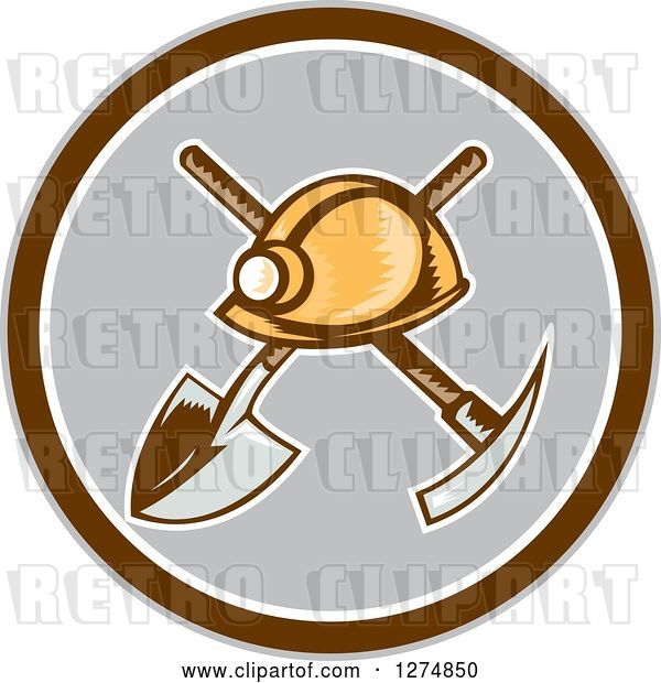 Vector Clip Art of Retro Woodcut Miner Hat over a Crossed Shovel and Pickaxe in a Brown White and Gray Circle