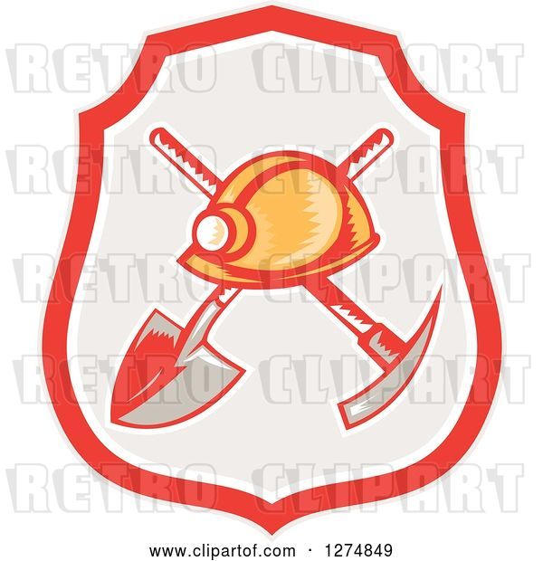 Vector Clip Art of Retro Woodcut Miner Hat over a Crossed Shovel and Pickaxe in a Shield