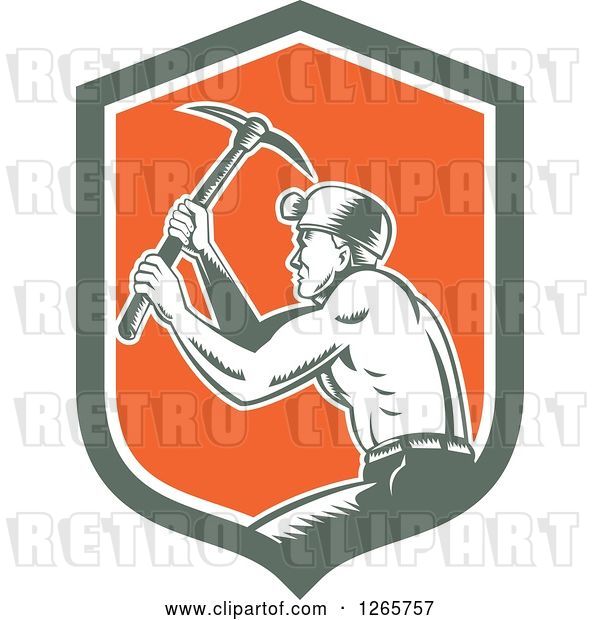 Vector Clip Art of Retro Woodcut Miner Working with a Pickaxe in a Green White and Orange Shield