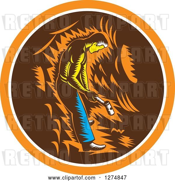 Vector Clip Art of Retro Woodcut Miner Working with a Sledghammer in an Orange White and Brown Circle