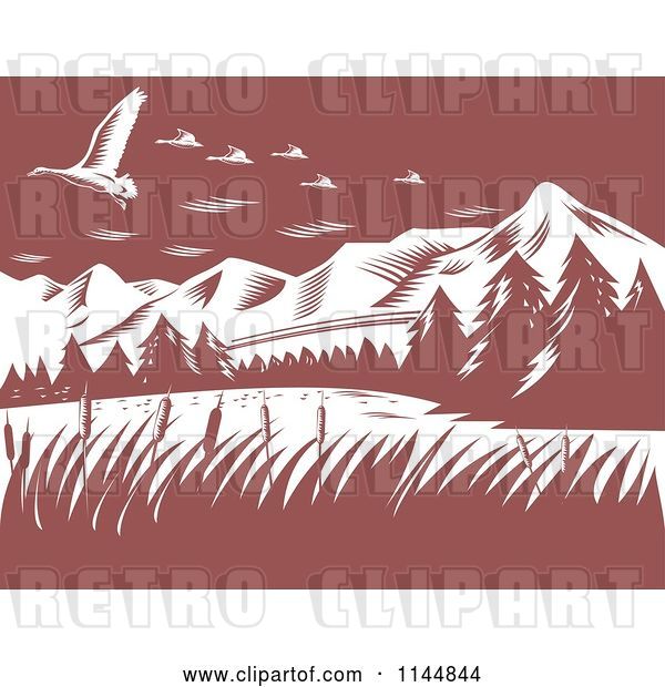 Vector Clip Art of Retro Woodcut Mountains with Geese