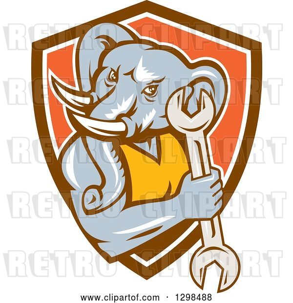 Vector Clip Art of Retro Woodcut Muscular Elephant Guy Mechanic Holding a Wrench in Brown White and Orange Shield