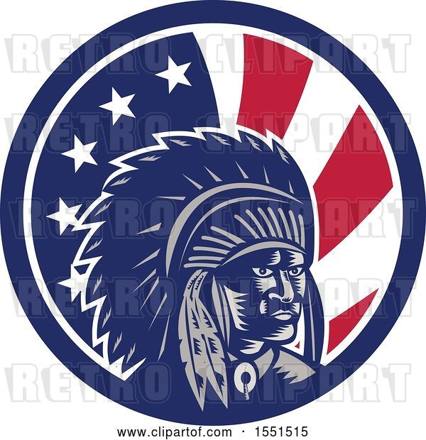 Vector Clip Art of Retro Woodcut Native American Chief in an American Flag Circle