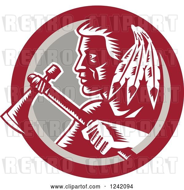 Vector Clip Art of Retro Woodcut Native American Indian Brave Warrior with a Tomahawk in a Circle