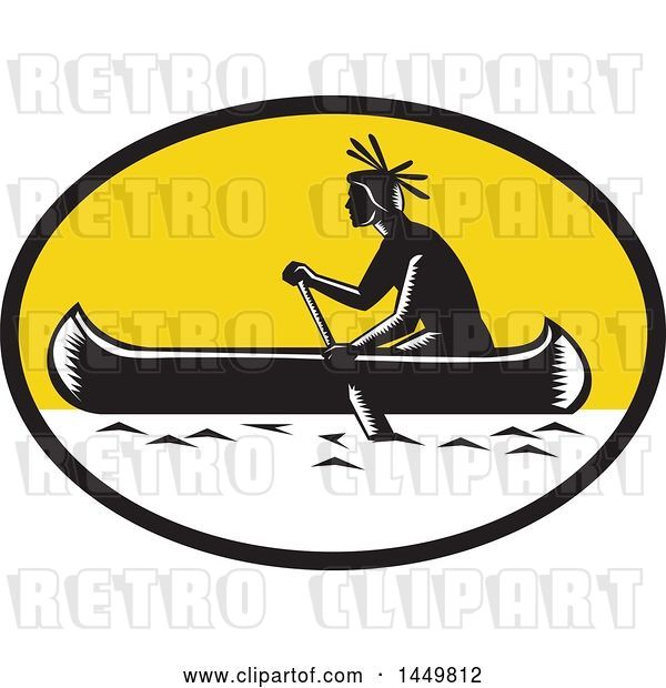 Vector Clip Art of Retro Woodcut Native American Indian Paddling a Canoe in a Yellow Oval Oval