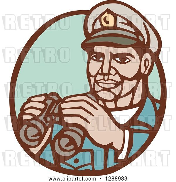 Vector Clip Art of Retro Woodcut Navy Admirial Officer Holding Binoculars in a Brown and Green Oval