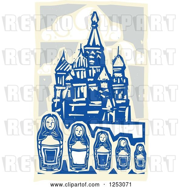 Vector Clip Art of Retro Woodcut of Nesting Dolls and Kremlin in Moscow