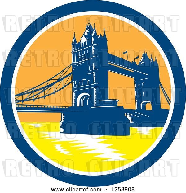 Vector Clip Art of Retro Woodcut of the London Tower Bridge in a Circle