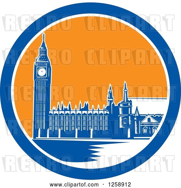 Vector Clip Art of Retro Woodcut of Westminster Palace in London, England with Big Ben in a Blue White and Orange Circle