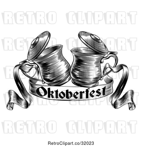 Vector Clip Art of Retro Woodcut or Engraved Beer Steins or Tankards Chinking Together in a Toast over an Oktoberfest Ribbon Banner