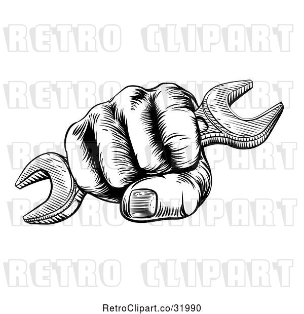 Vector Clip Art of Retro Woodcut or Engraved Fisted Hand Holding a Spanner Wrench