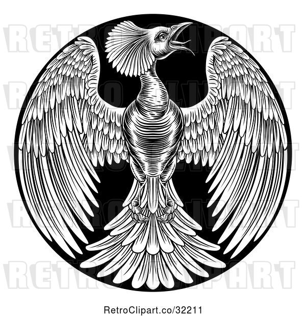 Vector Clip Art of Retro Woodcut or Engraved Phoenix Firebird in a Circle