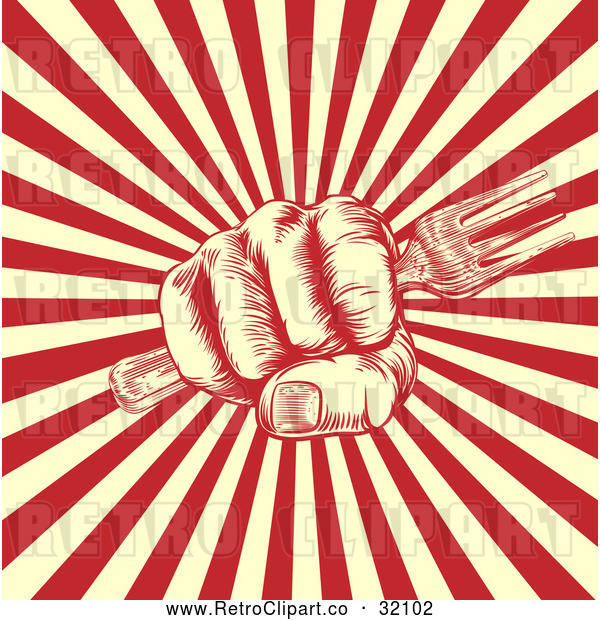Vector Clip Art of Retro Woodcut or Fisted Hand Holding a Fork over Beige and Red Rays