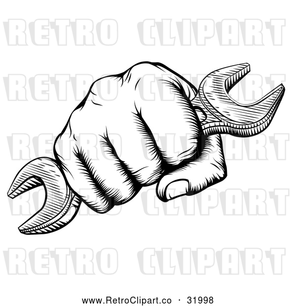 Vector Clip Art of Retro Woodcut or Fisted Hand Holding a Spanner Wrench