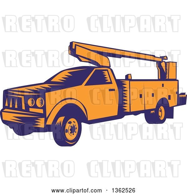 Vector Clip Art of Retro Woodcut Orange and Blue Cherry Picker Lift Truck