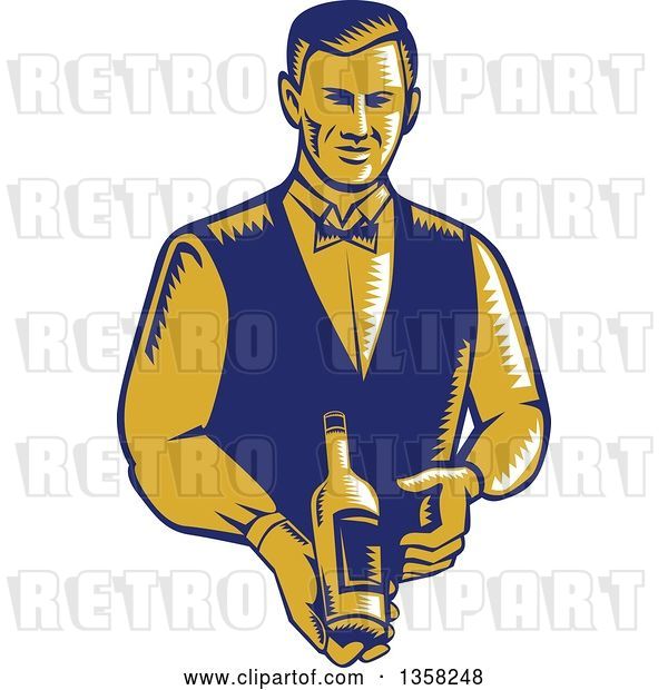 Vector Clip Art of Retro Woodcut Orange and Blue Male Waiter Presenting a Wine Bottle